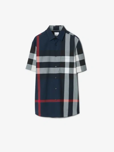 Burberry Check Cotton Shirt In Navy