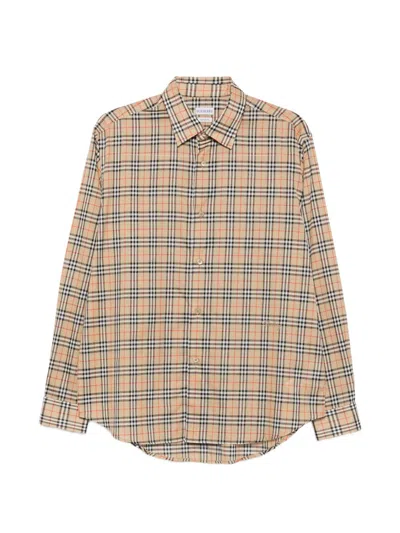 Burberry Check Cotton Shirt With Comfortable Fit In Brown