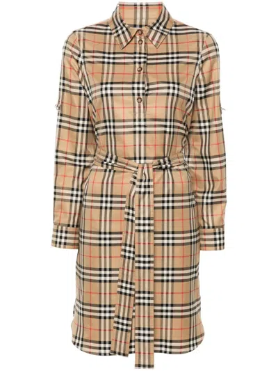 Burberry Vintage Check-pattern Belted Shirt Dress In Brown