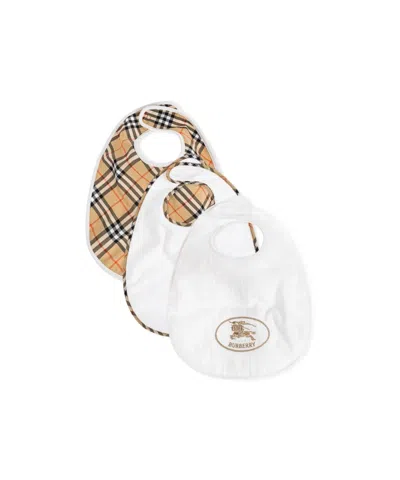 Burberry Kids' Check Cotton Three-piece Bib Set In White