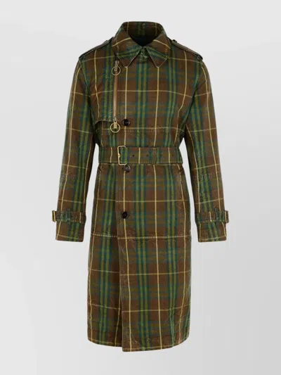Burberry Vintage Effect Checked Trench Coat With Belt In Green