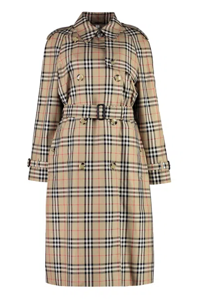 Burberry Check Cotton Trench Coat In Beige