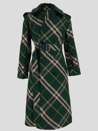 Burberry Check Cotton Trench Coat In Green