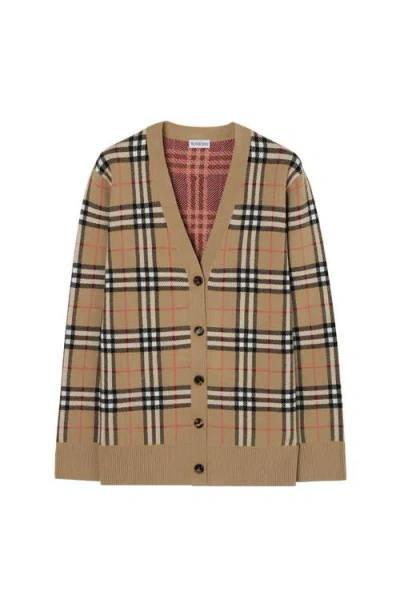 Burberry Check Cotton Wool Cardigan In Brown
