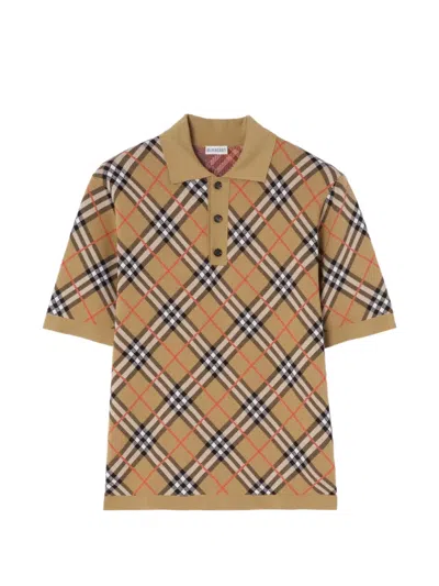 Burberry Polo Shirt Cotton Blend Embroidery Check In Neutral