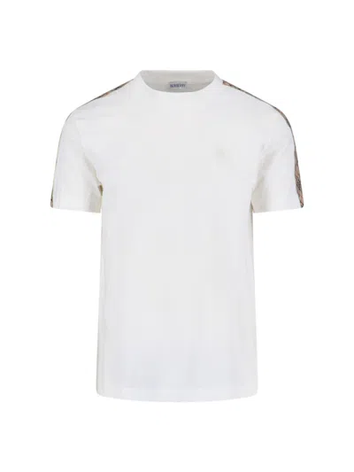 Burberry White Crewneck T-shirt With Check Motif On The Sleeve And Ekd Logo Embroidery On The Front In Cotton
