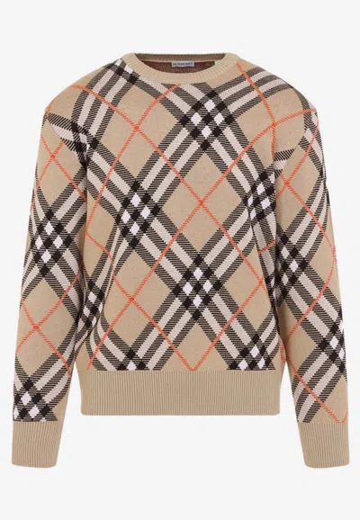 Burberry Check Crewneck Sweater In Beige