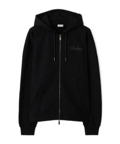 Burberry Check Cursive Logo Cotton Zip Hoodie In Black