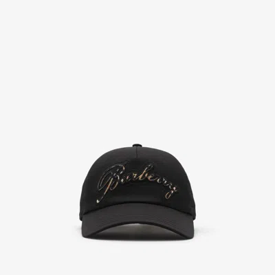 Burberry Check Cursive Logo Gabardine Baseball Cap In Black