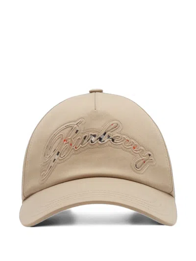 Burberry Check Cursive Logo Gabardine Baseball Cap In Neutral