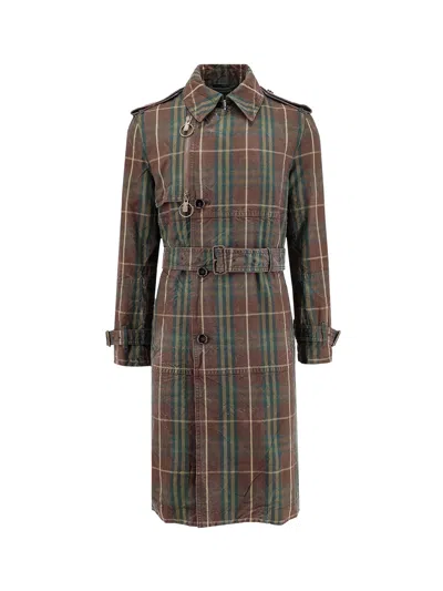 Burberry Check Dark Green Cotton Trench Coat In Brown