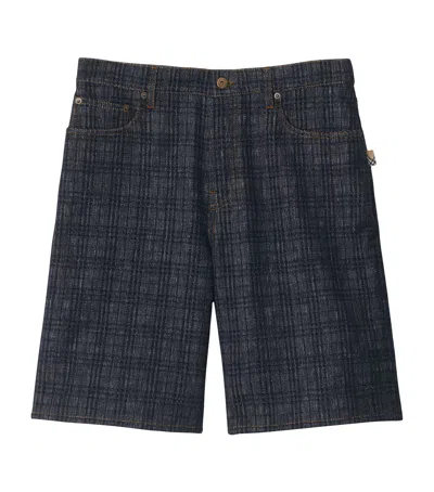 Burberry Check Denim Shorts In Blue