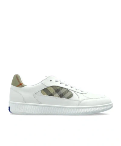Burberry Terrace Sneakers In Leather And Beige Check Men In White