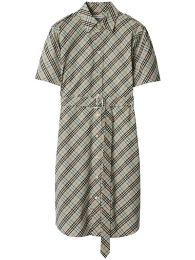 Burberry Cotton Check Mini Shirt Dress In Neutral