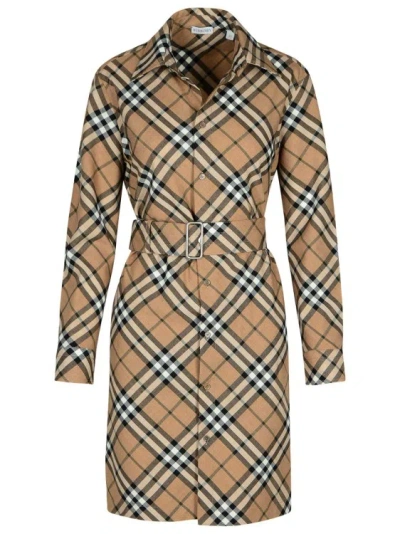 Burberry Check Wool Blend Chemisier Dress In Brown
