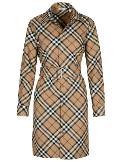 Burberry Chemisier Cotton Short Dress With Check Print In Nude