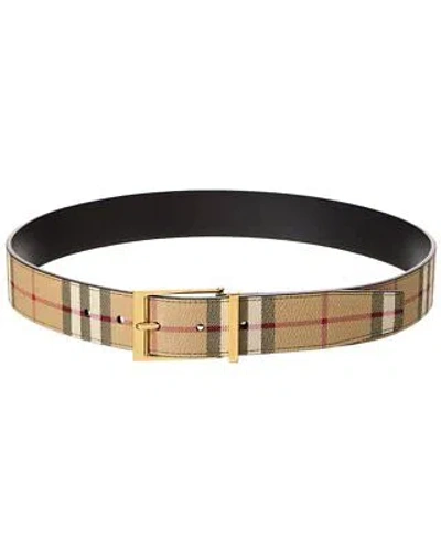 Pre-owned Burberry Check E-canvas & Leather Belt Men's In Beige/gold
