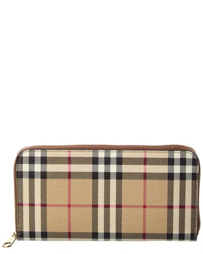 Burberry Check E-canvas Zip Around Wallet In Brown