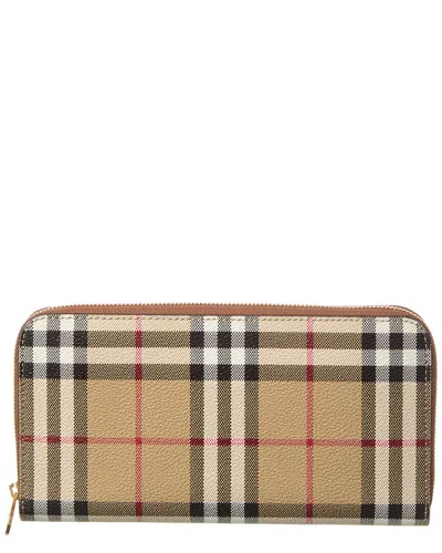 Burberry Check E-canvas Zip Around Wallet In Brown