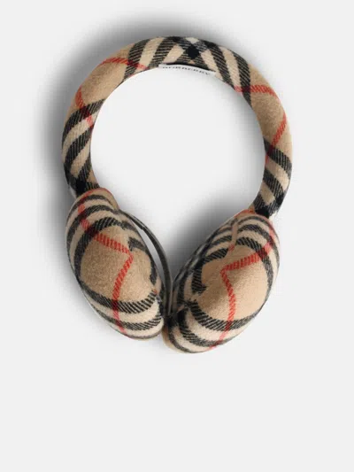 Burberry 'check' Earmuffs In Wool And Sand Cashmere In Brown