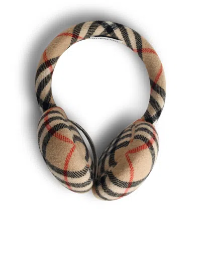 BURBERRY BURBERRY 'CHECK' EARMUFFS IN WOOL AND SAND CASHMERE WOMEN