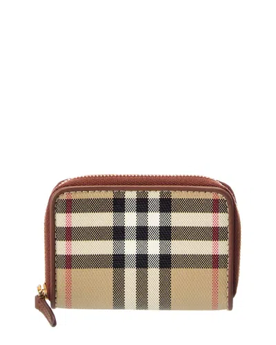Burberry Check E-canvas & Leather Coin Purse In Brown