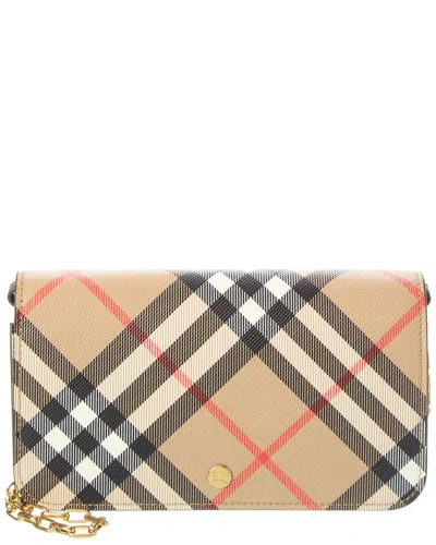 Burberry Check E-canvas & Leather Wallet On Chain In Brown