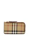 Burberry Mini Leather Wallet With Iconic Check Pattern And Zip Closure In Brown
