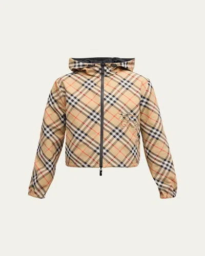 Burberry Check Ekd Hooded Reversible Jacket In Beige