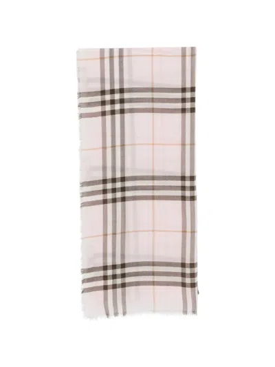 Pre-owned Burberry Check Frayed Wool Scarf In Pink