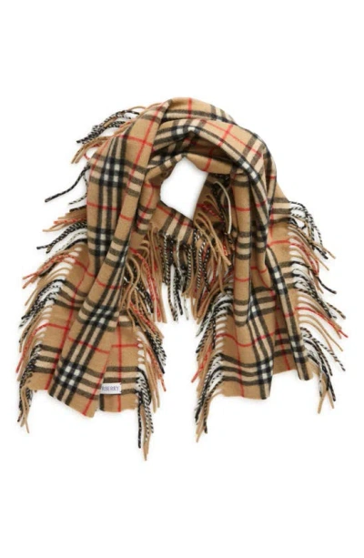 Burberry Vintage Check Fringe Cashmere Scarf In Beige