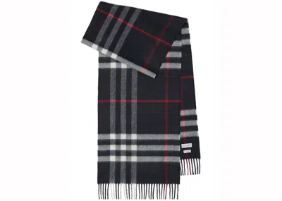 Pre-owned Burberry Check Fringed Cashmere Scarf In Navy Blue