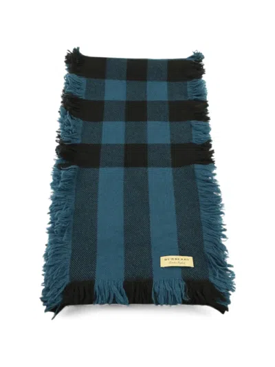 Pre-owned Burberry Check Fringed Scarf In Blue