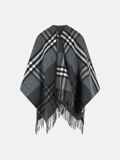 Burberry Check Cashmere Cape Soft Texture Fringe In Gray