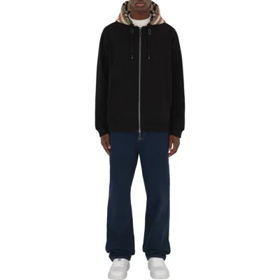 Burberry Check Hood Cotton Blend Zip Hoodie In Black