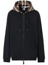 Burberry Cotton Check Pattern Drawstring Hooded Sweater With Front Zip In Nero