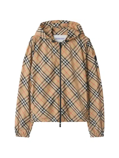 Burberry Check Hooded Jacket In Brown