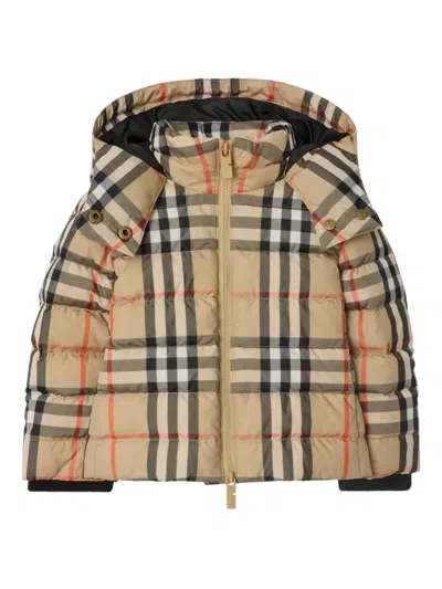 Burberry Babies' Check Hooded Puffer Jacket In Brown
