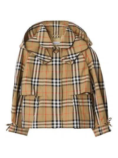 Burberry Kids' Check Hooded Trench Jacket In Neutral