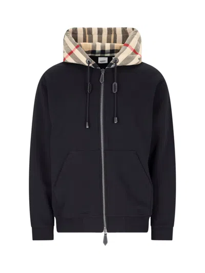 Burberry Check-hood Cotton Hoodie In Black  