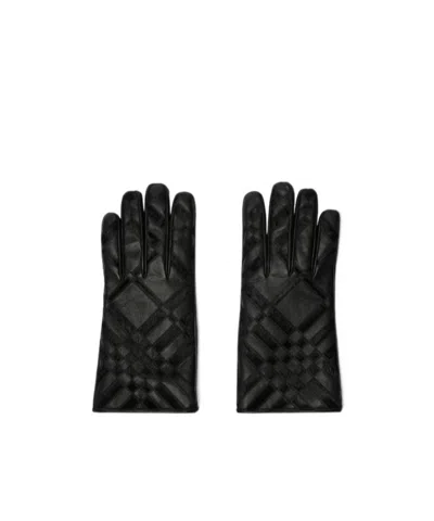 Burberry Check Intarsia Leather Gloves In Black