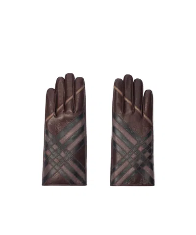 Burberry Check Intarsia Leather Gloves In Brown