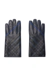 Burberry Check Intarsia Leather Gloves In Gray