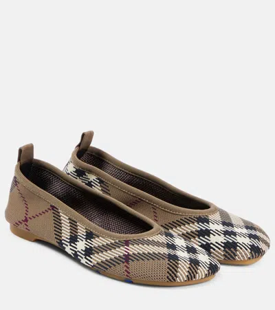 Burberry Women Knit Baby Nylon Blend Ballerinas With Knitted Traditional Check In Burgundy
