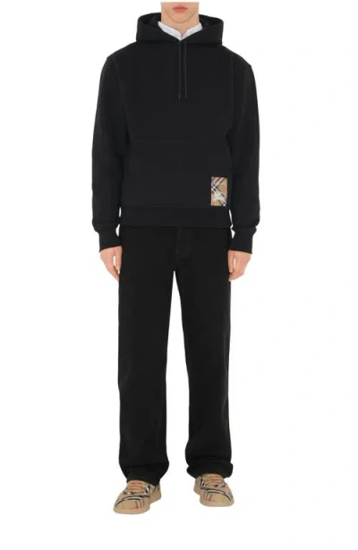 Burberry Check Label Cotton Hoodie In Black