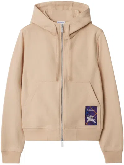Burberry Check-label Cotton Hoodie In Neutrals
