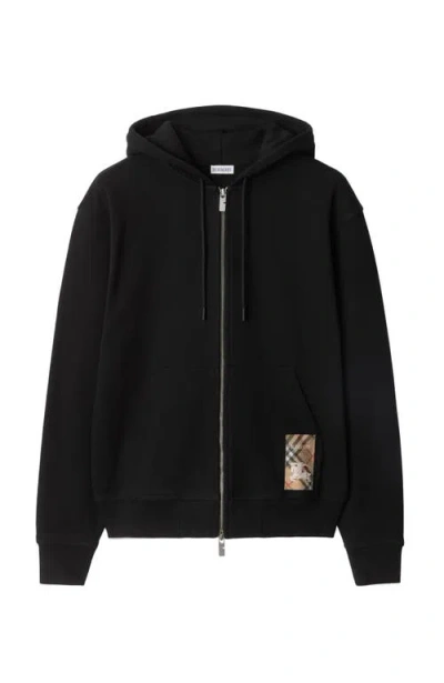 Burberry Check Label Cotton Zip Hoodie In Black