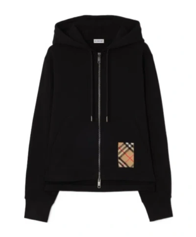 Burberry Check Label Cotton Zip Hoodie In Black