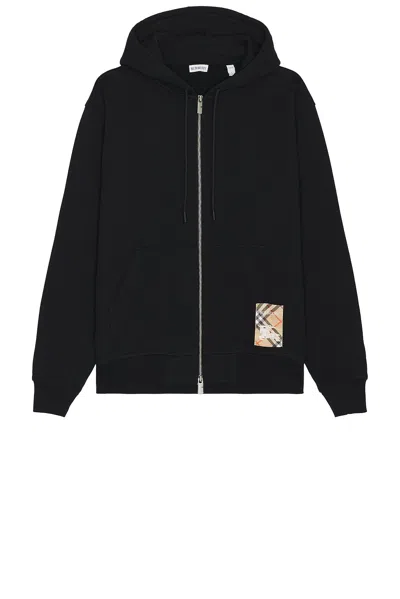Burberry Check-label Zip-up Drawstring Hoodie In Black