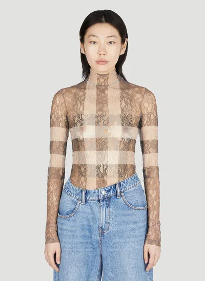 Burberry Check Lace Bodysuit In Brown